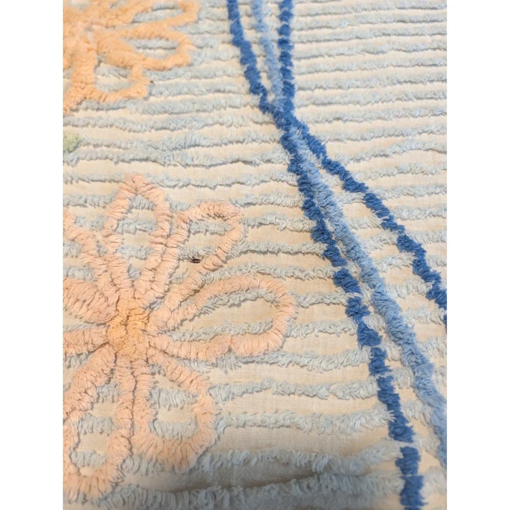 Vintage Chenille Bedspread Blue Bows Pastel Floral Tufted Cotton Cottagecore